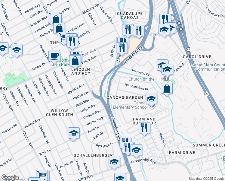 map of restaurants, bars, coffee shops, grocery stores, and more near 2482 Almaden Road in San Jose
