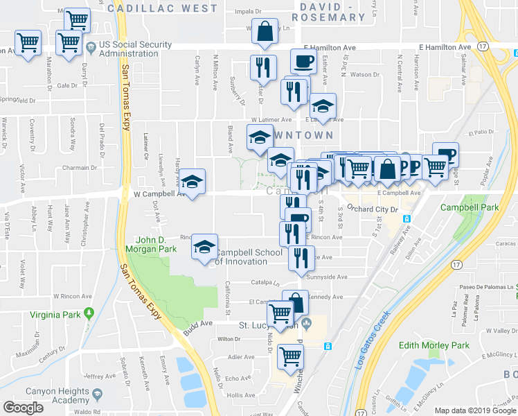 map of restaurants, bars, coffee shops, grocery stores, and more near 182 West Campbell Avenue in Campbell