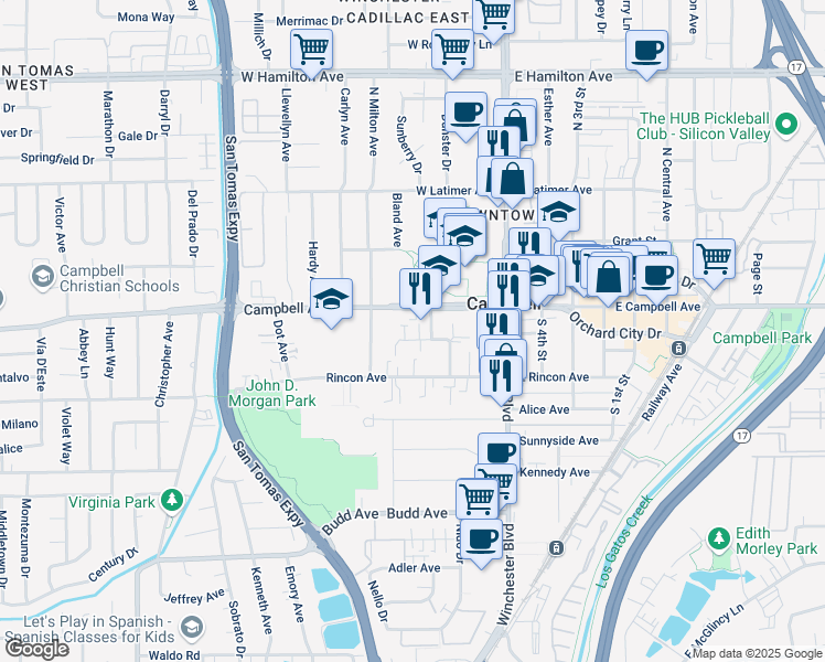 map of restaurants, bars, coffee shops, grocery stores, and more near 182 West Campbell Avenue in Campbell