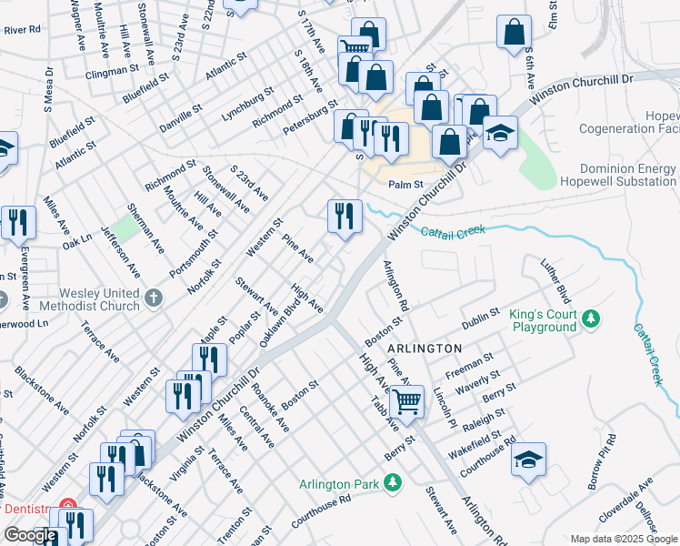 map of restaurants, bars, coffee shops, grocery stores, and more near 2403 Oaklawn Boulevard in Hopewell