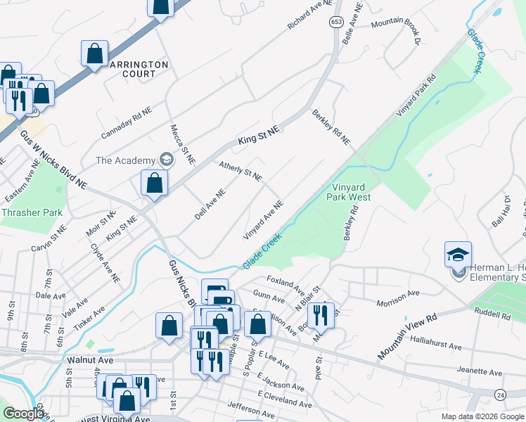 map of restaurants, bars, coffee shops, grocery stores, and more near 2823 Idlewild Boulevard Northeast in Roanoke