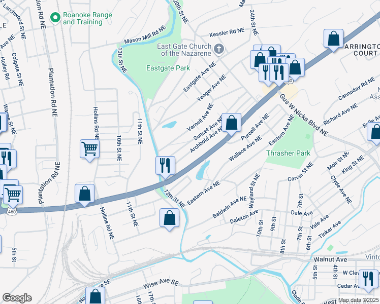 map of restaurants, bars, coffee shops, grocery stores, and more near 1404 Ellerbee Street Northeast in Roanoke