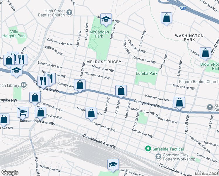 map of restaurants, bars, coffee shops, grocery stores, and more near 1817 Hanover Avenue Northwest in Roanoke