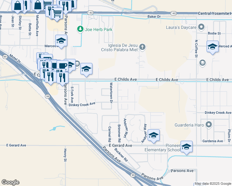 map of restaurants, bars, coffee shops, grocery stores, and more near 2330 Cortona Court in Merced