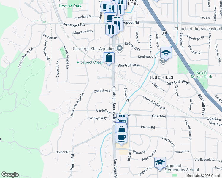 map of restaurants, bars, coffee shops, grocery stores, and more near 20517 Carniel Avenue in Saratoga