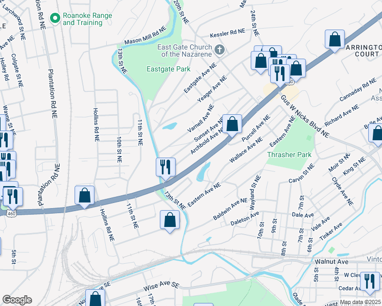 map of restaurants, bars, coffee shops, grocery stores, and more near 1404 Ellerbee Street Northeast in Roanoke