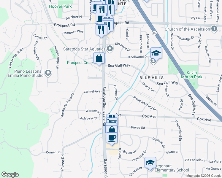 map of restaurants, bars, coffee shops, grocery stores, and more near 12474 Sumner Drive in Saratoga