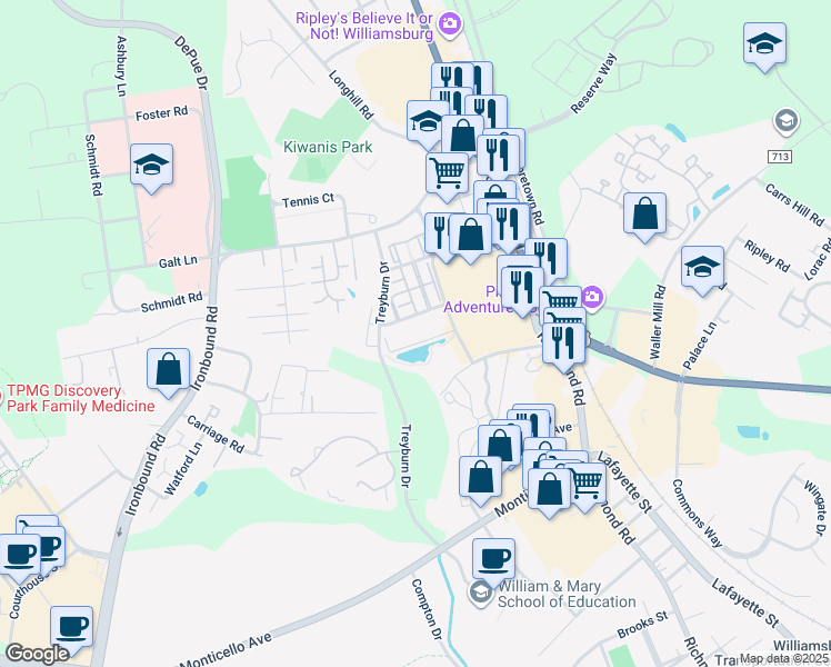 map of restaurants, bars, coffee shops, grocery stores, and more near 155 Kings Manor Drive in Williamsburg