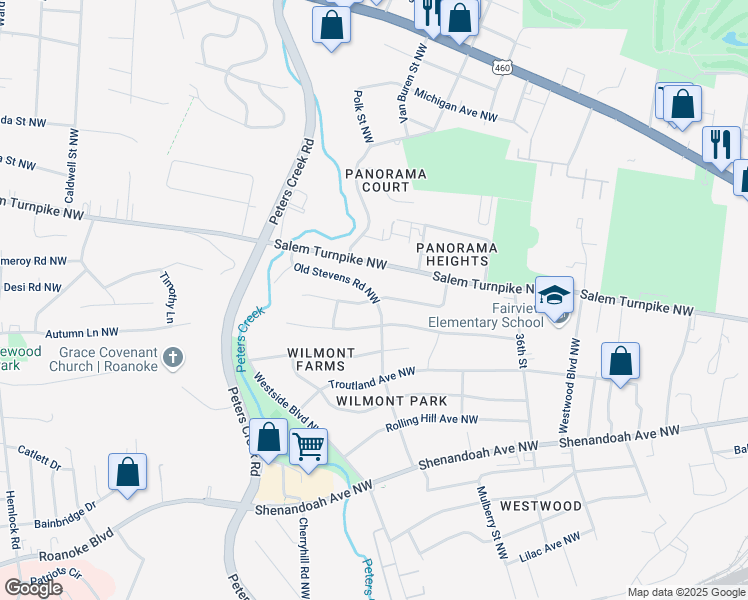 map of restaurants, bars, coffee shops, grocery stores, and more near Red Fox Drive Northwest in Roanoke