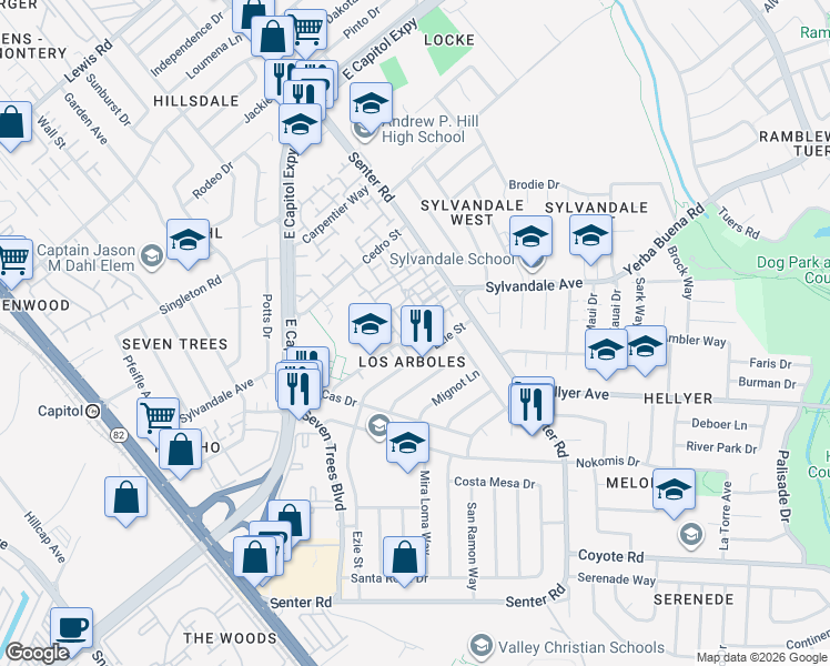 map of restaurants, bars, coffee shops, grocery stores, and more near 3584 Topock Court in San Jose