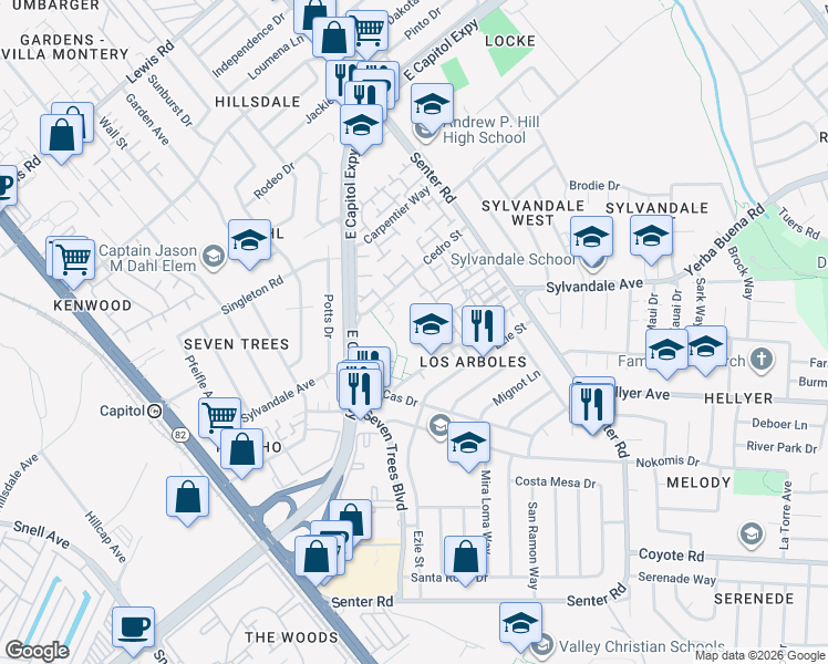 map of restaurants, bars, coffee shops, grocery stores, and more near 489 Papaya Court in San Jose