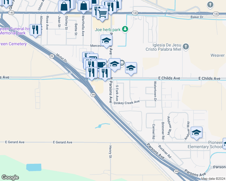 map of restaurants, bars, coffee shops, grocery stores, and more near 52 South Parsons Avenue in Merced