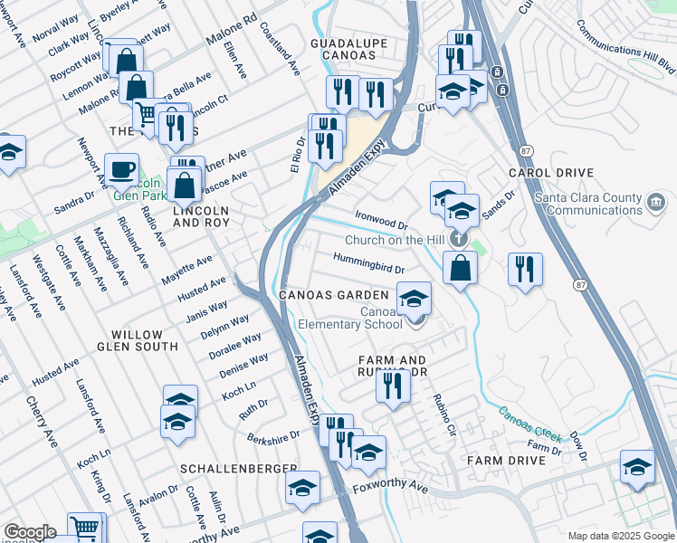 map of restaurants, bars, coffee shops, grocery stores, and more near 913 Hummingbird Drive in San Jose