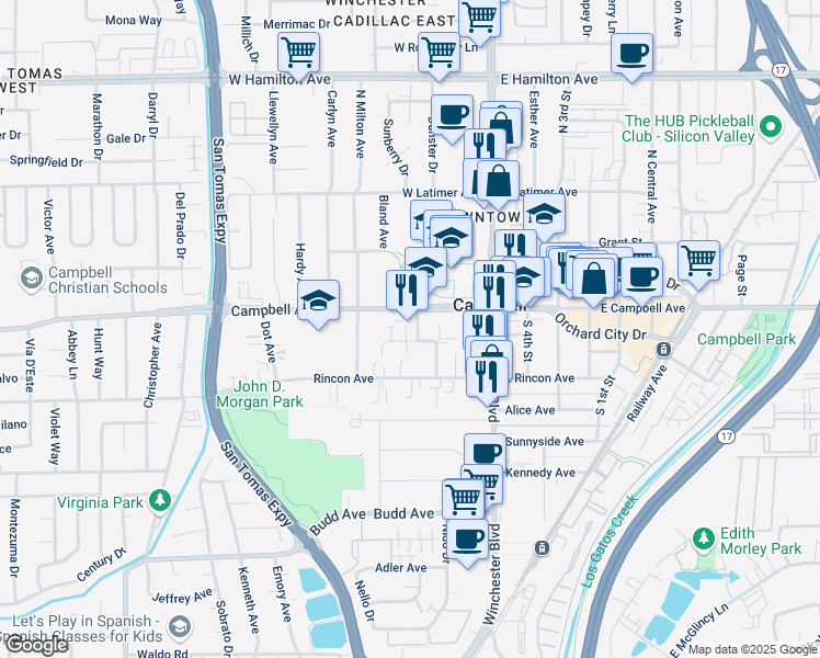 map of restaurants, bars, coffee shops, grocery stores, and more near 182 West Campbell Avenue in Campbell