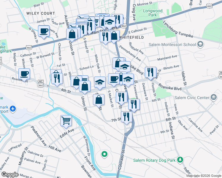map of restaurants, bars, coffee shops, grocery stores, and more near 101 East 4th Street in Salem