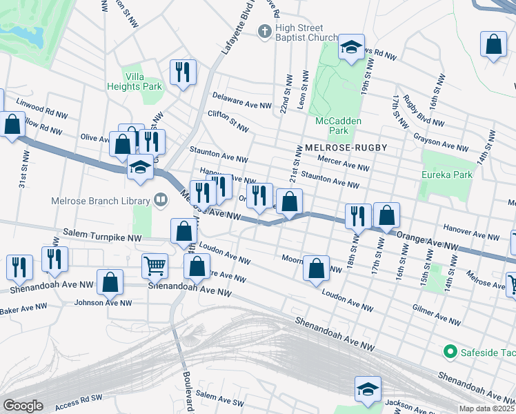 map of restaurants, bars, coffee shops, grocery stores, and more near 2202 Orange Avenue Northwest in Roanoke