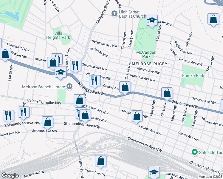 map of restaurants, bars, coffee shops, grocery stores, and more near 2202 Orange Avenue Northwest in Roanoke