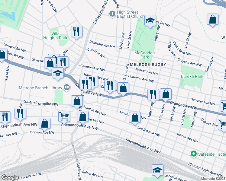 map of restaurants, bars, coffee shops, grocery stores, and more near 2128 Orange Avenue Northwest in Roanoke