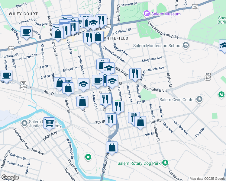 map of restaurants, bars, coffee shops, grocery stores, and more near 616 South College Avenue in Salem