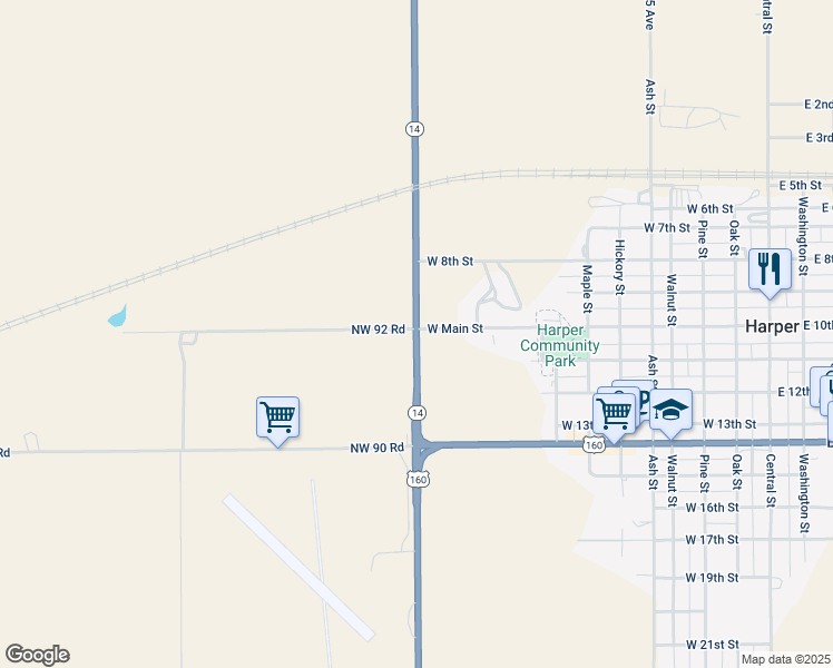 map of restaurants, bars, coffee shops, grocery stores, and more near Kansas 14 in Harper