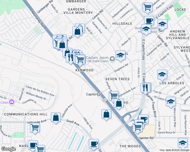 map of restaurants, bars, coffee shops, grocery stores, and more near 3173 Kenland Drive in San Jose