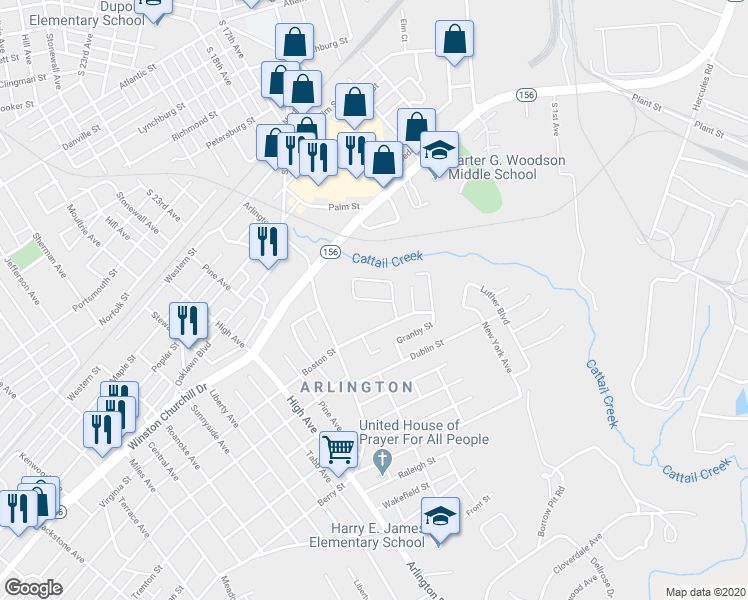 map of restaurants, bars, coffee shops, grocery stores, and more near 2301 Maclin Circle in Hopewell