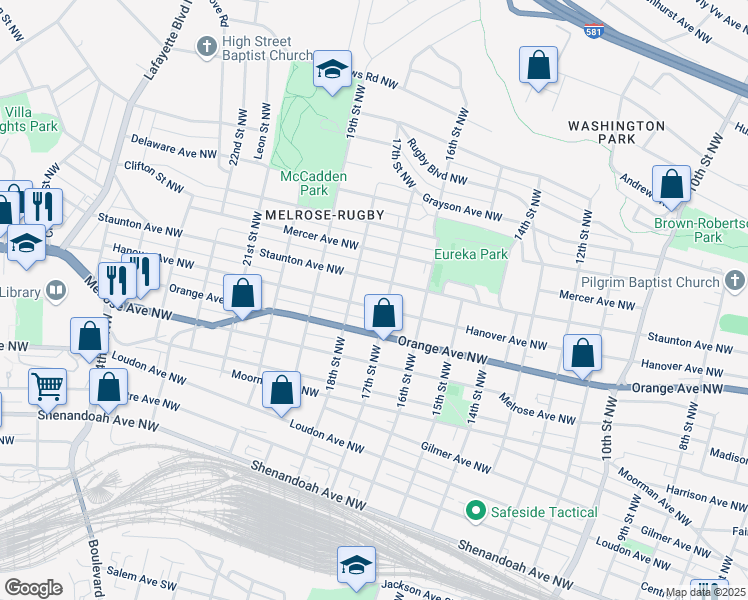 map of restaurants, bars, coffee shops, grocery stores, and more near 1722 Staunton Avenue Northwest in Roanoke