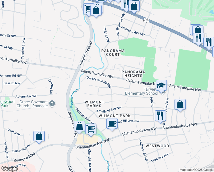 map of restaurants, bars, coffee shops, grocery stores, and more near 3801 Red Fox Drive Northwest in Roanoke