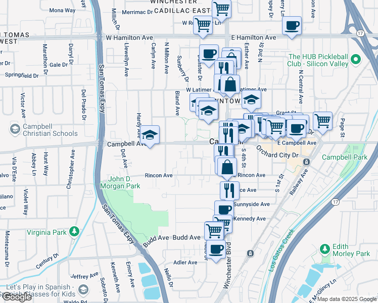 map of restaurants, bars, coffee shops, grocery stores, and more near 35 Jeffers Way in Campbell