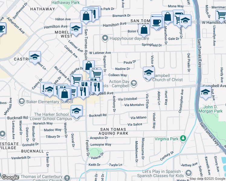 map of restaurants, bars, coffee shops, grocery stores, and more near 1319 West Campbell Avenue in Campbell
