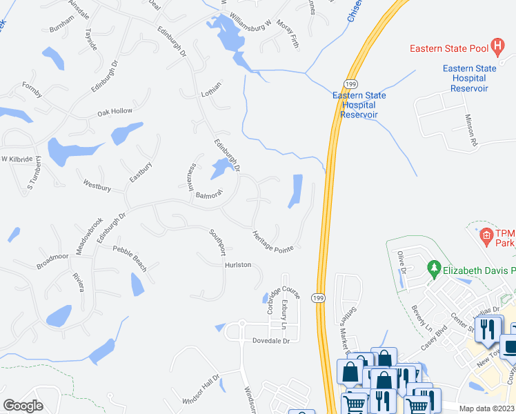 map of restaurants, bars, coffee shops, grocery stores, and more near 128 Heritage Pointe in Williamsburg