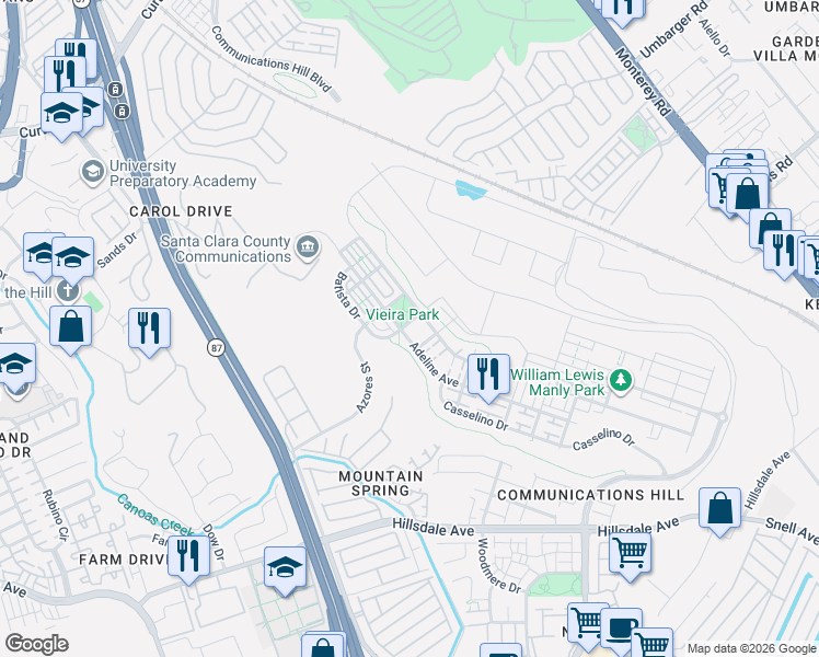 map of restaurants, bars, coffee shops, grocery stores, and more near 2988 Grassina Street in San Jose