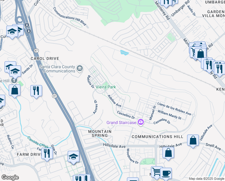 map of restaurants, bars, coffee shops, grocery stores, and more near 2970 Larciano Street in San Jose
