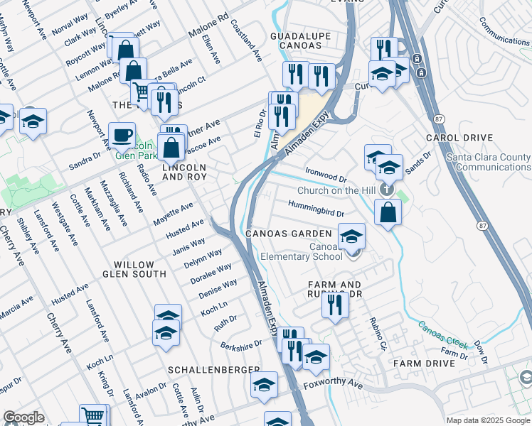 map of restaurants, bars, coffee shops, grocery stores, and more near 2482 Almaden Road in San Jose