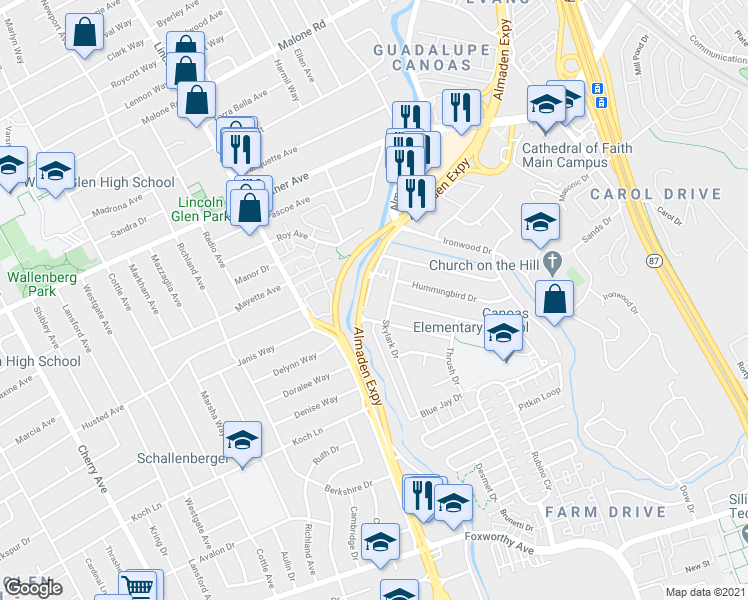 map of restaurants, bars, coffee shops, grocery stores, and more near 2482 Almaden Road in San Jose