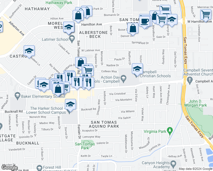 map of restaurants, bars, coffee shops, grocery stores, and more near 1270 Lorelei Court in Campbell