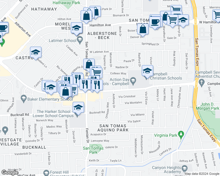 map of restaurants, bars, coffee shops, grocery stores, and more near 1270 Lorelei Court in Campbell