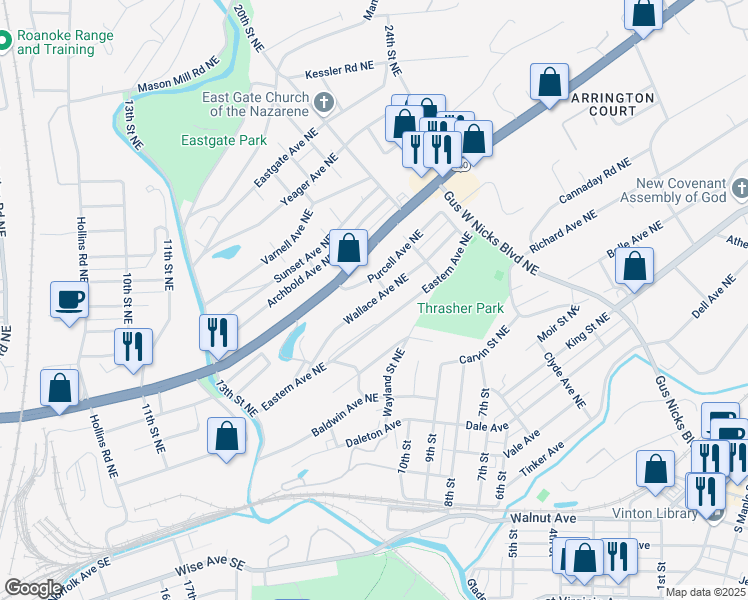 map of restaurants, bars, coffee shops, grocery stores, and more near 1732 Wallace Avenue Northeast in Roanoke