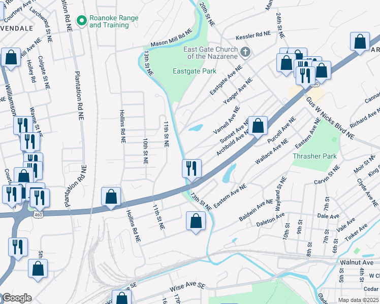 map of restaurants, bars, coffee shops, grocery stores, and more near 1613 13th Street Northeast in Roanoke