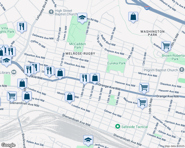map of restaurants, bars, coffee shops, grocery stores, and more near 1722 Staunton Avenue Northwest in Roanoke
