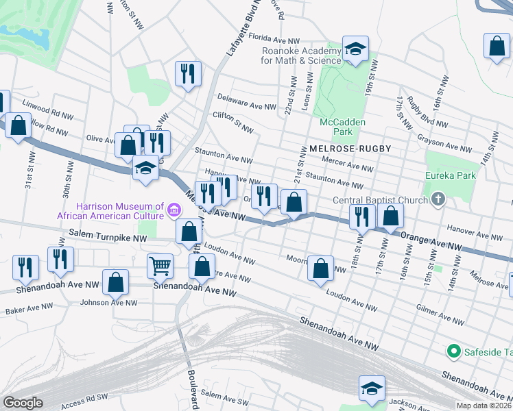 map of restaurants, bars, coffee shops, grocery stores, and more near 2203 Orange Avenue Northwest in Roanoke