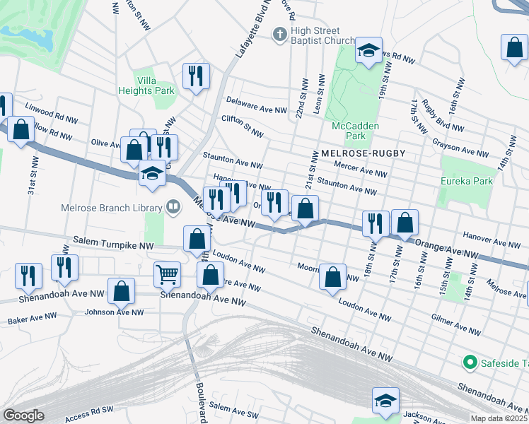 map of restaurants, bars, coffee shops, grocery stores, and more near 2216 Orange Avenue Northwest in Roanoke