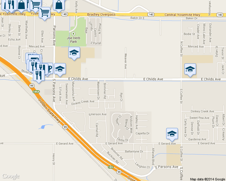 map of restaurants, bars, coffee shops, grocery stores, and more near 71 Livorno Road in Merced