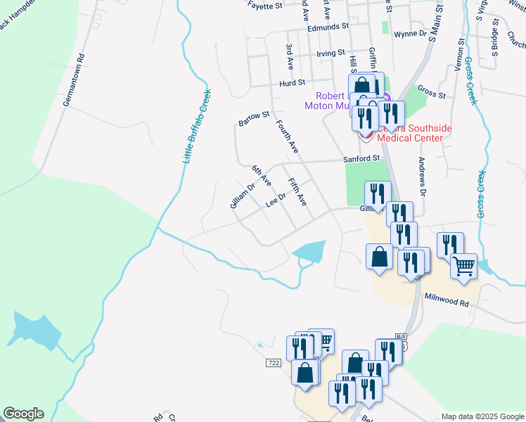 map of restaurants, bars, coffee shops, grocery stores, and more near 1401 Lee Drive in Farmville
