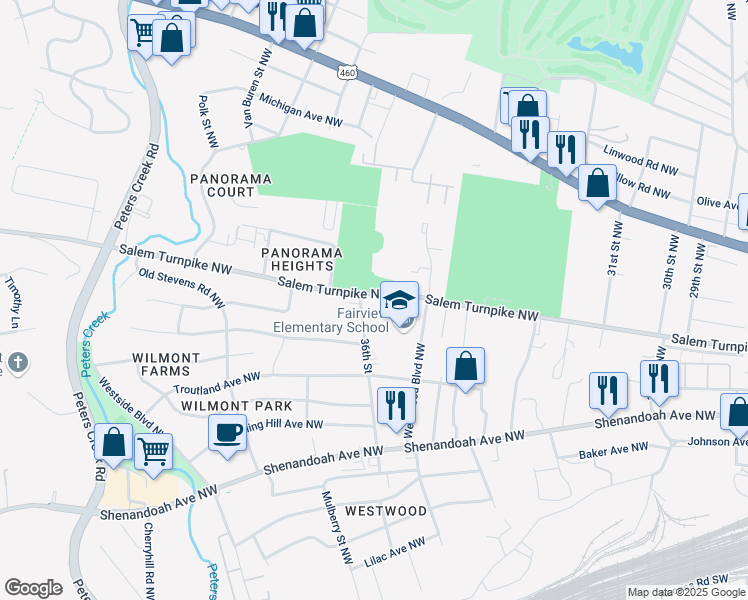 map of restaurants, bars, coffee shops, grocery stores, and more near 3520 Salem Turnpike Northwest in Roanoke