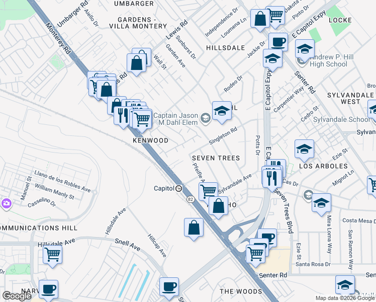 map of restaurants, bars, coffee shops, grocery stores, and more near 10133 Singleton Road in San Jose