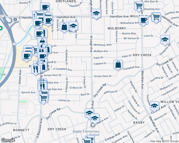 map of restaurants, bars, coffee shops, grocery stores, and more near 1500 East Campbell Avenue in Campbell