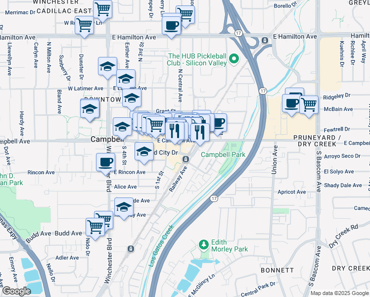 map of restaurants, bars, coffee shops, grocery stores, and more near 428 East Campbell Avenue in Campbell