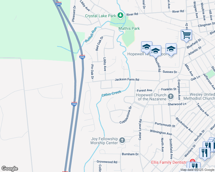 map of restaurants, bars, coffee shops, grocery stores, and more near 3705 Woodside Court in Hopewell
