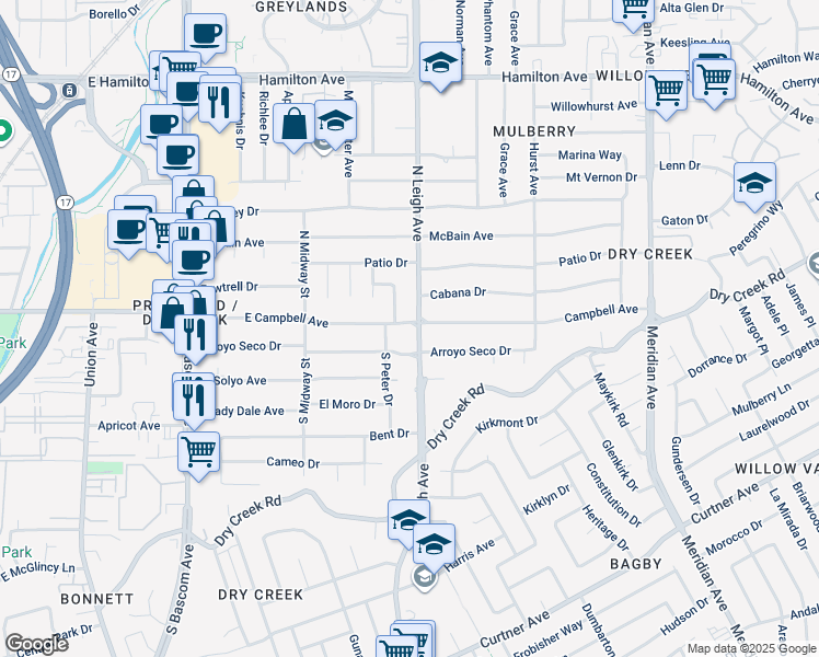map of restaurants, bars, coffee shops, grocery stores, and more near 1500 East Campbell Avenue in Campbell